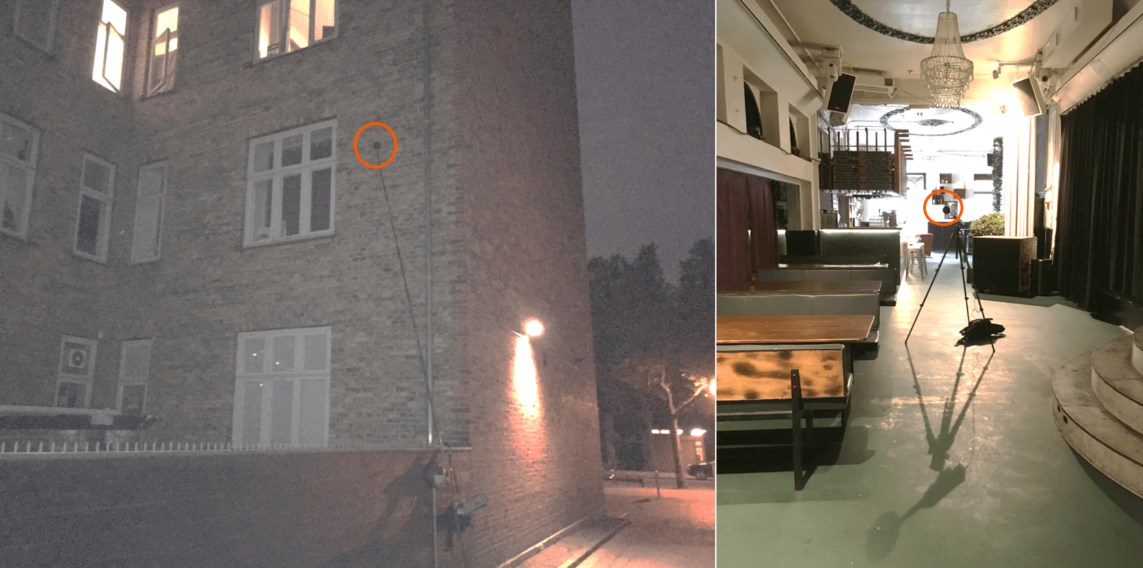 Måling til indregulering af musik i cafe. Mikrofoner hhv. inde og ude på naboens væg er markeret med orange. Opgave udført i forbindelse med kommunalt krav til begrænsning af musik-niveau. 